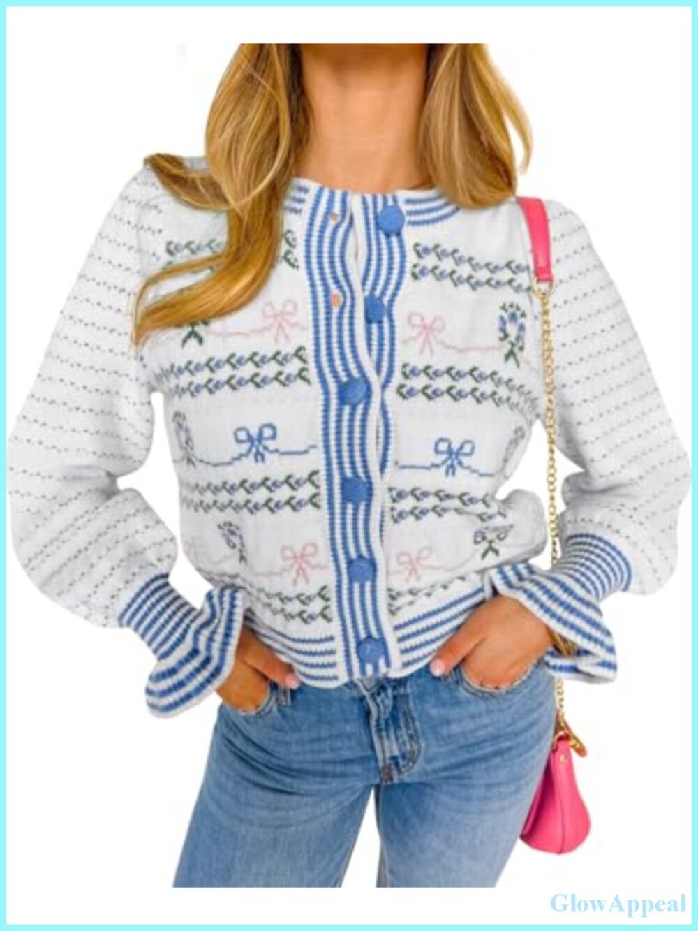 Striped Cropped Cardigan Puff Ruffle Sleeve Bow Knitted Sweater Button Front